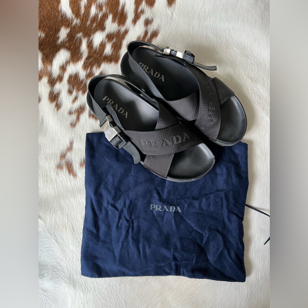 Authentic Mens Prada Black Leather Sandals , Size EU 42
